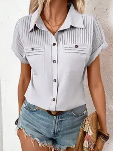 A women's solid color button-down collar shoulder pleated pocket raglan short-sleeved top, suitable for summer, suitable for daily commuting home wear and other occasions.