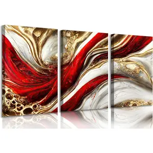 3Pcs Framed Red Gold Canvas Wall Art Abstract Marble Gilt Wall Decor Pictures Modern Red and Gold Paintings Prints Posters for Living Room Bedroom Office Home Decoration, Ready to Hang