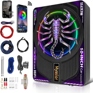 Upgraded 1600W 10" Slim Under Seat Subwoofers with Amp & LED Ambient Lights for Truck/Car - Deep Bass, Individual Controls (LPF/Gain/Bass Boost), High Output Distortion-Free Audio