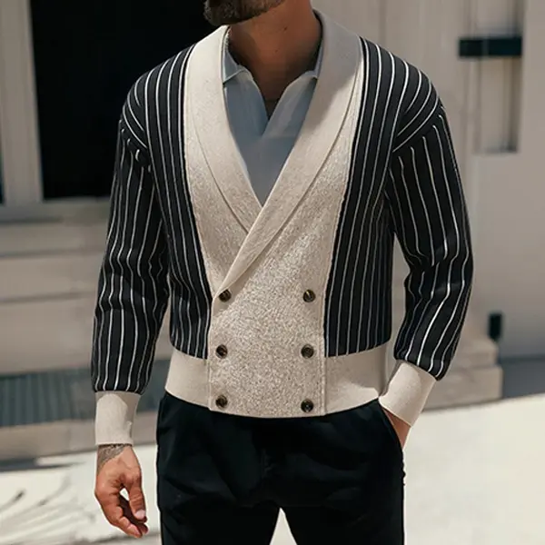Men's Cardigan Sweater, Retro Double-Breasted Breathable Knit Tops with Vertical Stripes, Shawl Collar for Casual Office Layering, Ribbed, Knitwear, Button, Fitted, Striped