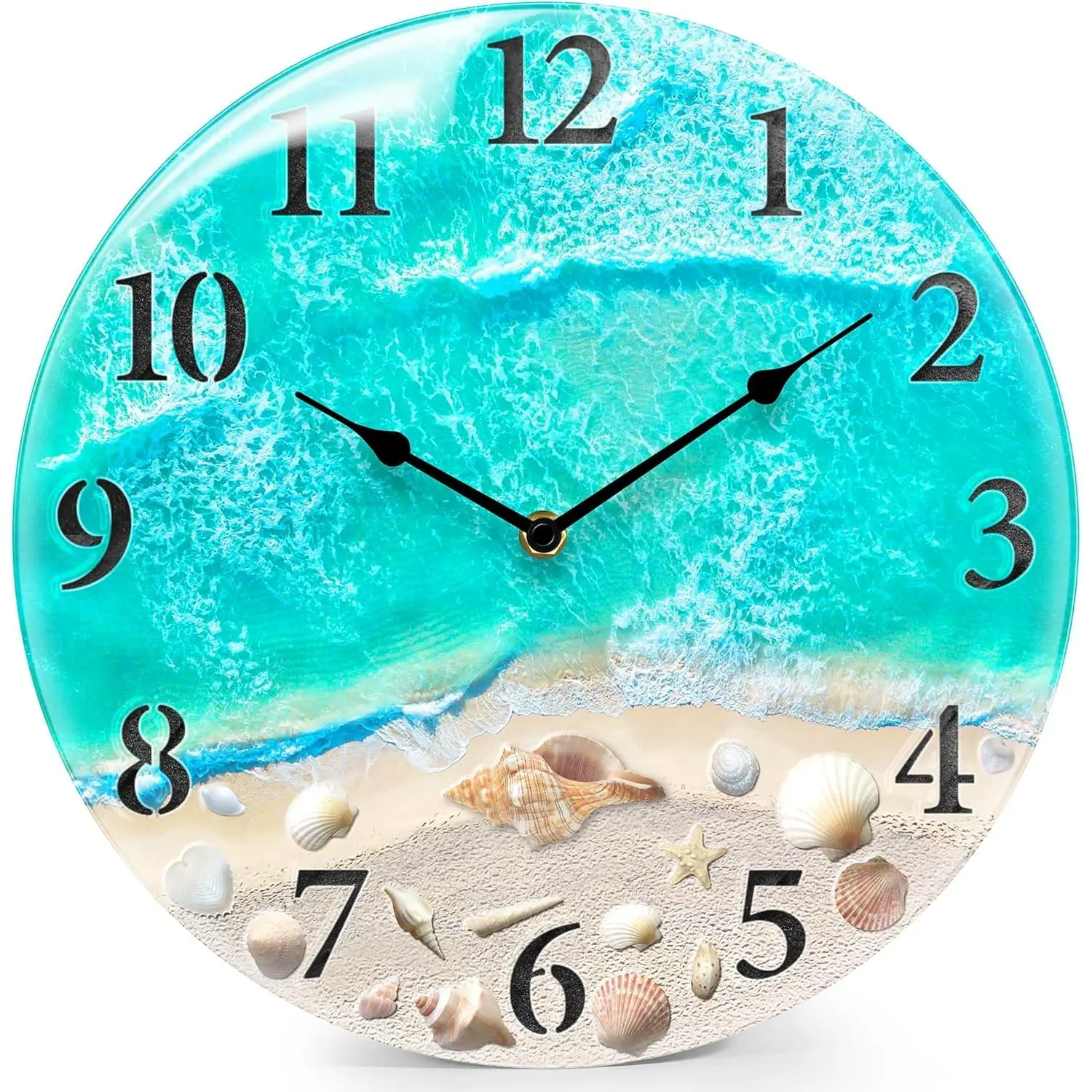 Coastal Nautical Glass Wall Clock with Seashell Design and Aesthetic Beach Theme -  Operated Silent Wall Decor for Home, Kitchen, Living Room, Office, Bedroom, or Bathroom (12 Inch,Teal)