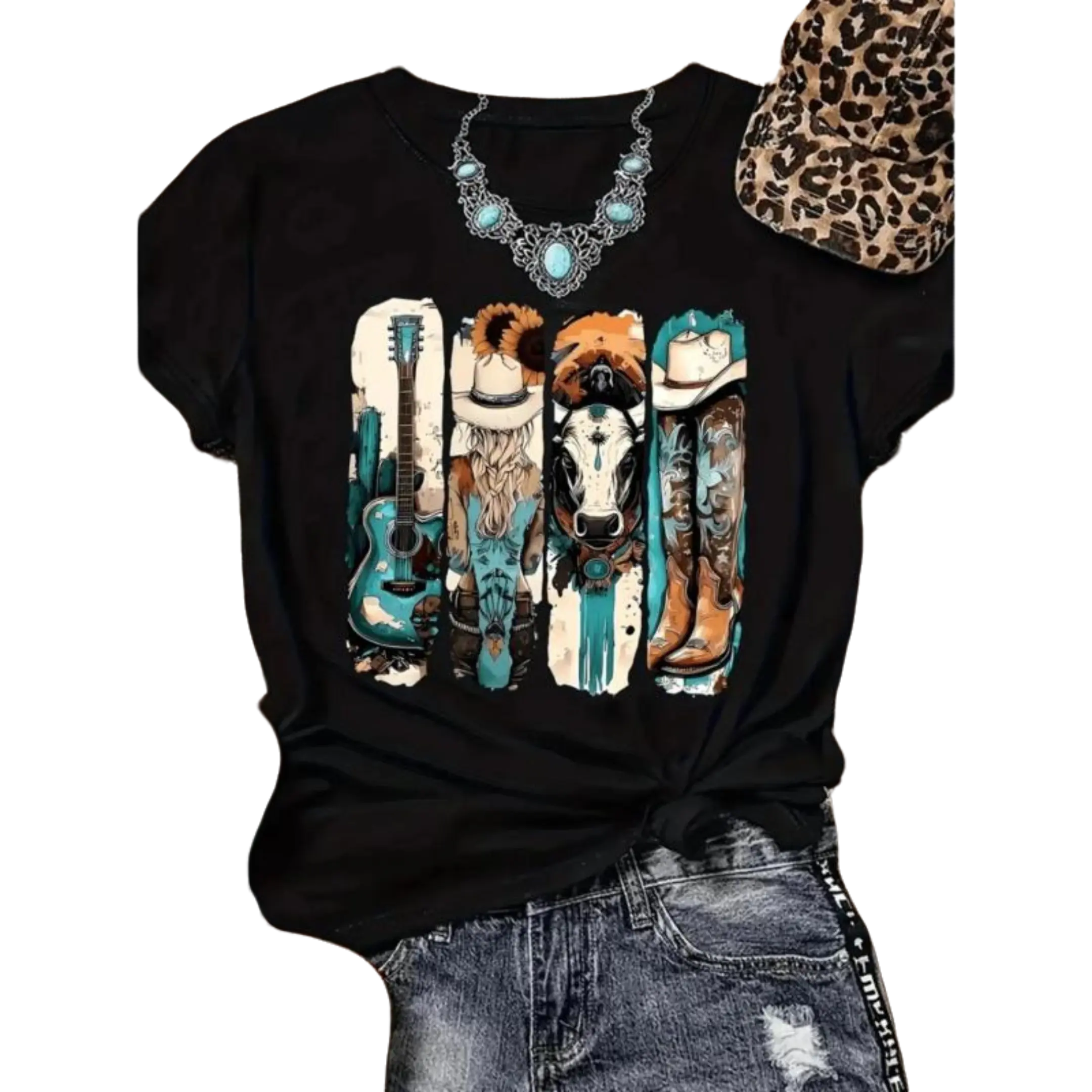 Vintage Western Cowboy Graphic T-Shirt For Women Featuring Boots Hats And Guitar Design In Soft Breathable Fabric Perfect Casual Summer Wear Printed Comfortable Loose # Summervibes Leopard Print Fleece Jacket Buffalo Plaid Sherpa