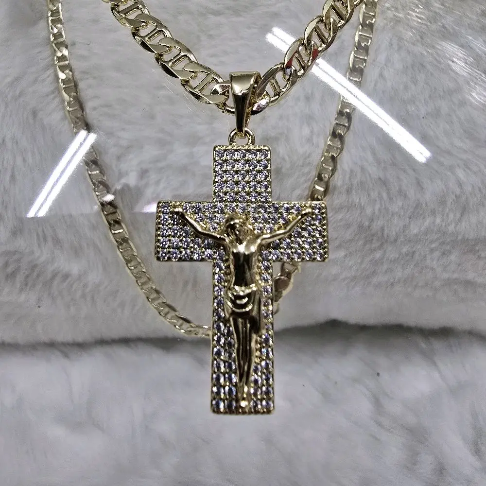 # 0198 Gold-Tone Crucifix Pendant Necklace with Iced-Out Design and Heavy Chain for Men and Women