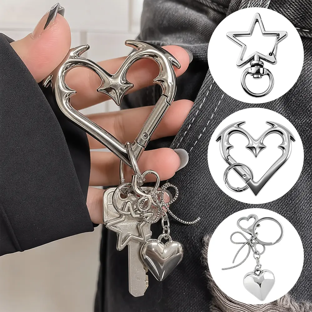 Unisex 3-Pack Metal Hook Carabiner Keychains - Star, Heart Buckle Shapes, Lobster Clasps for Necklace, Key Ring, Everyday Wear Jewelry Making Supplies