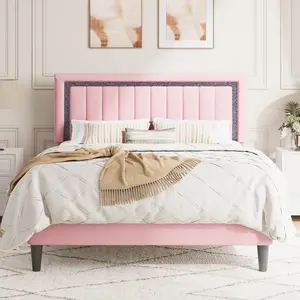 SHA CERLIN LED Platform Bed Frame with Velvet Headband Rhinestone Trim, No Box Spring Needed, Full Queen King, Queen Bed Frame