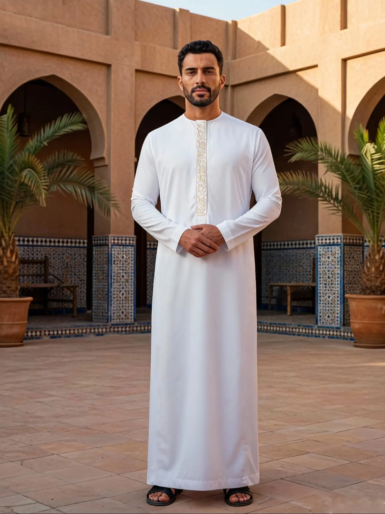 Men's Round Neck Robe, Rose Gold Embroidered Front, Islamic Middle Eastern Traditional Clothing, Arabic Clothing, Loose-Fitting, All Seasons, For Muslim, Modesty Thobe, Modest Muslim Thobe