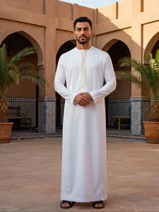 Men's Round Neck Robe, Rose Gold Embroidered Front, Middle Eastern Traditional Clothing, Loose-Fitting, All Seasons, Modesty Thobe