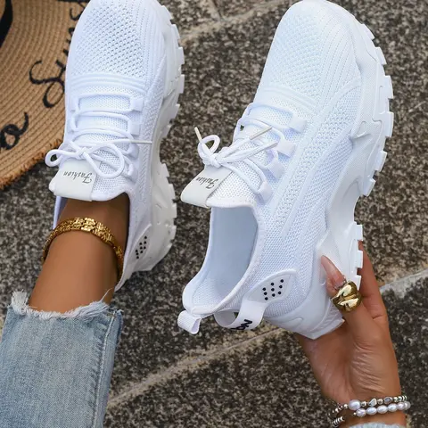 Women's Lightweight & Slip-Resistant Ultra Comfortable Chunky Sole Knit Sneakers, Footwear Sneakers for Walking & Travel, Daily Wear Sneakers, White Athletic Shoes for Teens, Students & Young Adults, Perfect for School, Shopping & Casual Outings