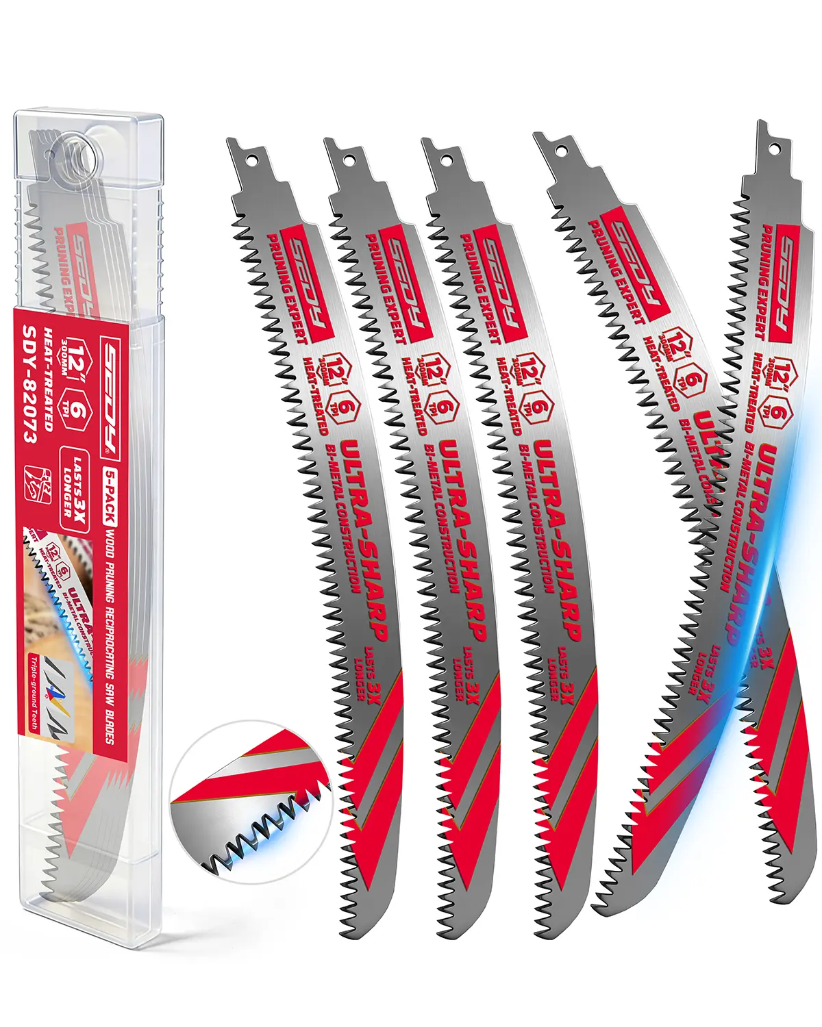 5-PC Japanese Teeth Reciprocating Saw Blades, 12 or 15 Inch, 6TPI Arc Edge Wood Pruning Saw Blades Set with Storage Box for Tree Trimming, Wood Cutting, 5 Pack,father'sdaygifts High Quality Steel Tool