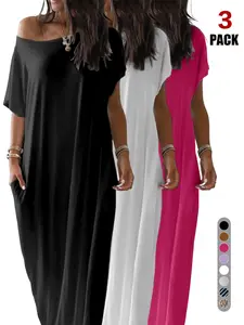 2026 Spring Summer Women's Off Shoulder Maxi Dress, Short Sleeve Loose Fit Casual Long Dress with Side Pockets, Soft Lightweight Beach Cover Up for Vacation & Daily Wear