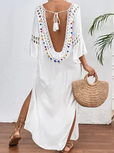 Women's Loose Casual Backless Lace-Up Dress, Colorful Bead Decoration Transparent Beach Cover Up Dress, Summer Fashion, Swimsuit Coverup, Swimwear Cover Up