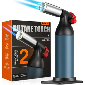 Dual Flame Butane Torch Lighter, Refillable Kitchen Torch with 20G Large Capacity, Creme Brulee Torch with Adjustable Flame, Outdoor Blow Torch Gun for BBQ, Blue Big Torch Butane is not Included,Halloween gifts,  christmas gift ideas