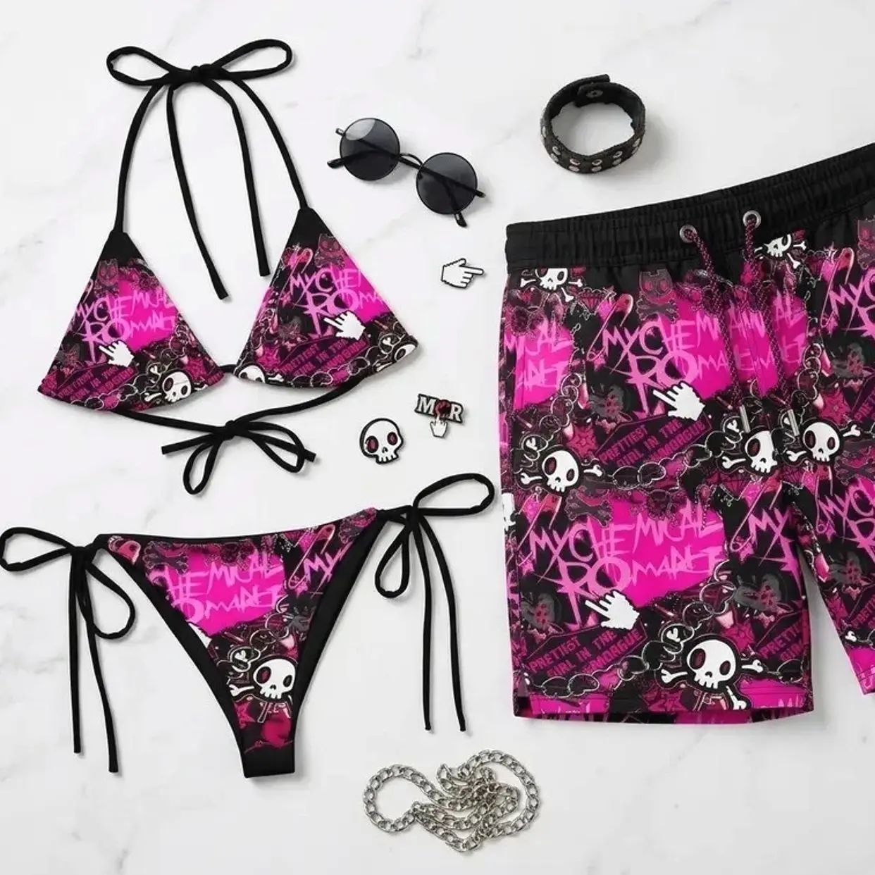 Emo Goth Graphic Couple Swimsuit Set – Punk Bikini & Matching Swim Trunks