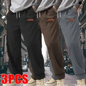 Men's Casual Pants, 3-Pack, Drawstring Design, Simple Versatile Style, Delicate Textured Details, Loose Fit for Comfortable Wear