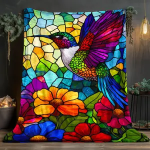 1Pc Colorful Hummingbird & Floral Printed Flannel Blanket - Lightweight Soft Warm All-Season Throw For Sofa, Travel, Camping, Office - 3D Digital Printed Anti-Pill Machine Washable Gift For Family & Friends, Cozy Home Decor |   Vibrant Design |   Fine Fab