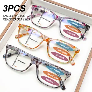 3 Pack Blue Light Blocking Progressive Multifocal Reading Glasses for Women, Spring Hinge Lightweight Square Frame Readers