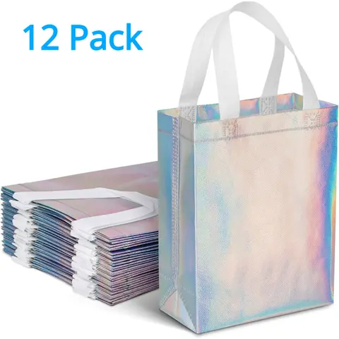 12pc Eco-Friendly Unisex Bright Iridescent Reusable Tote Bags - Waterproof Non-Woven Fabric, White Handles, Bridal Shower Gift, Business Goodie Bag Ideas, All Seasons Party Set, Holds Gifts, Books, Toys
