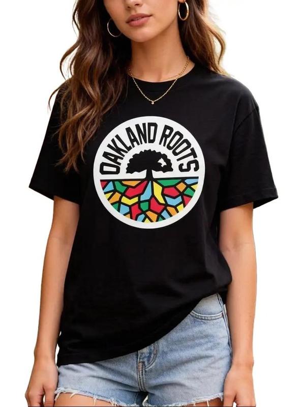 Women's Classic Lightweight Soft Cotton Fitted Crew Neck Cap Sleeve Cropped Graphic T-Shirt - Oakland Roots Print, California City Pride, H-Type Sohochic, Summer Outdoors, Machine Washable, Do Not Bleach, Valentines Day Top