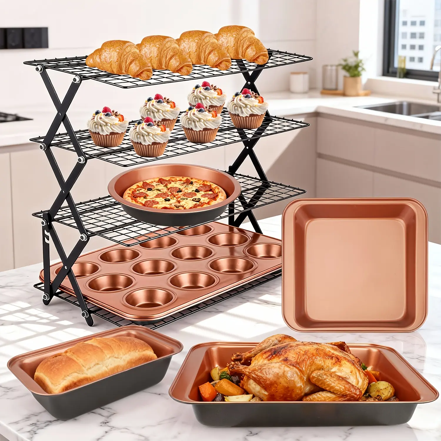 4-Tier Collapsible Cooling Rack & Non-Stick Baking Pan Bakeware Set, Stackable Kitchenware for Compact Storage, Dishwasher Safe, Durable, Versatile for Halloween Holiday Bake, Outdoor Grilling