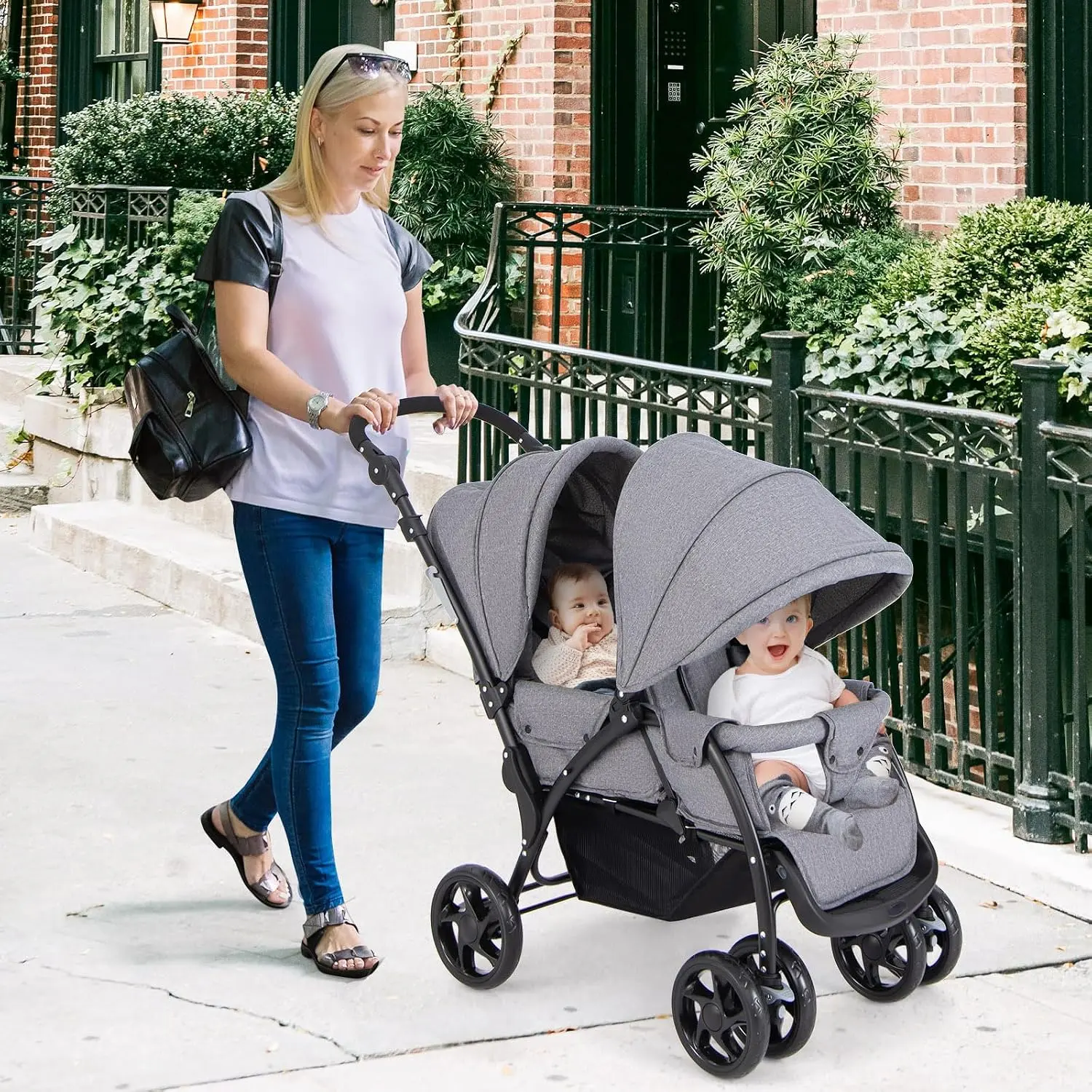 Costzon Foldable Twin Stroller, Double Baby Stroller w/Multi-Level Backrest, Canopy, Handle & Footrest, Safety Belt & Brake System, Travel Tandem Seating Stroller w/Lockable Wheels
