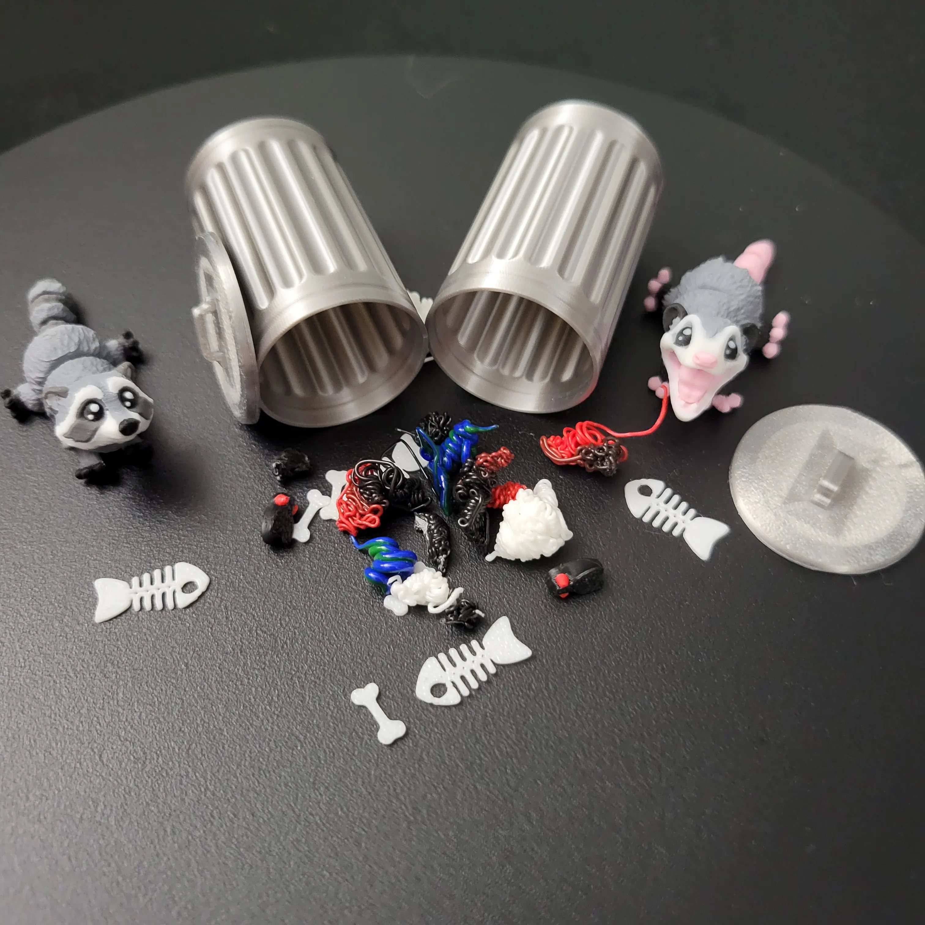 Trash Buddy Duo Desk Display - Opossum and Raccoon Buddies in Garbage Cans with Aesthetic Garbage