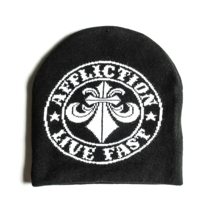 Affliction Men's Divio Black Beanie, 100% Cotton Knit with White Jacquard Art, Casual Wear Unisex Fit Hat, Front Graphic, Hand Wash Only, Beany Hat, Universal