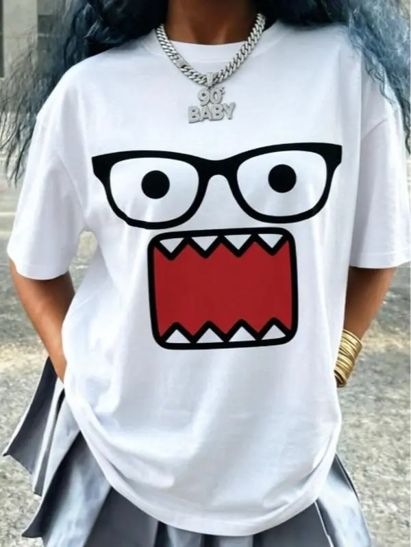 Women's Cotton Short-Sleeve Tee - 90s Street Style Unisex Design, Bold Line Cartoon Glasses Sharp Tooth Big Mouth Graphic, Loose Fit, Soft Breathable Heat Transfer, Comfortable Top for Hip Hop Urban Casual Outfits