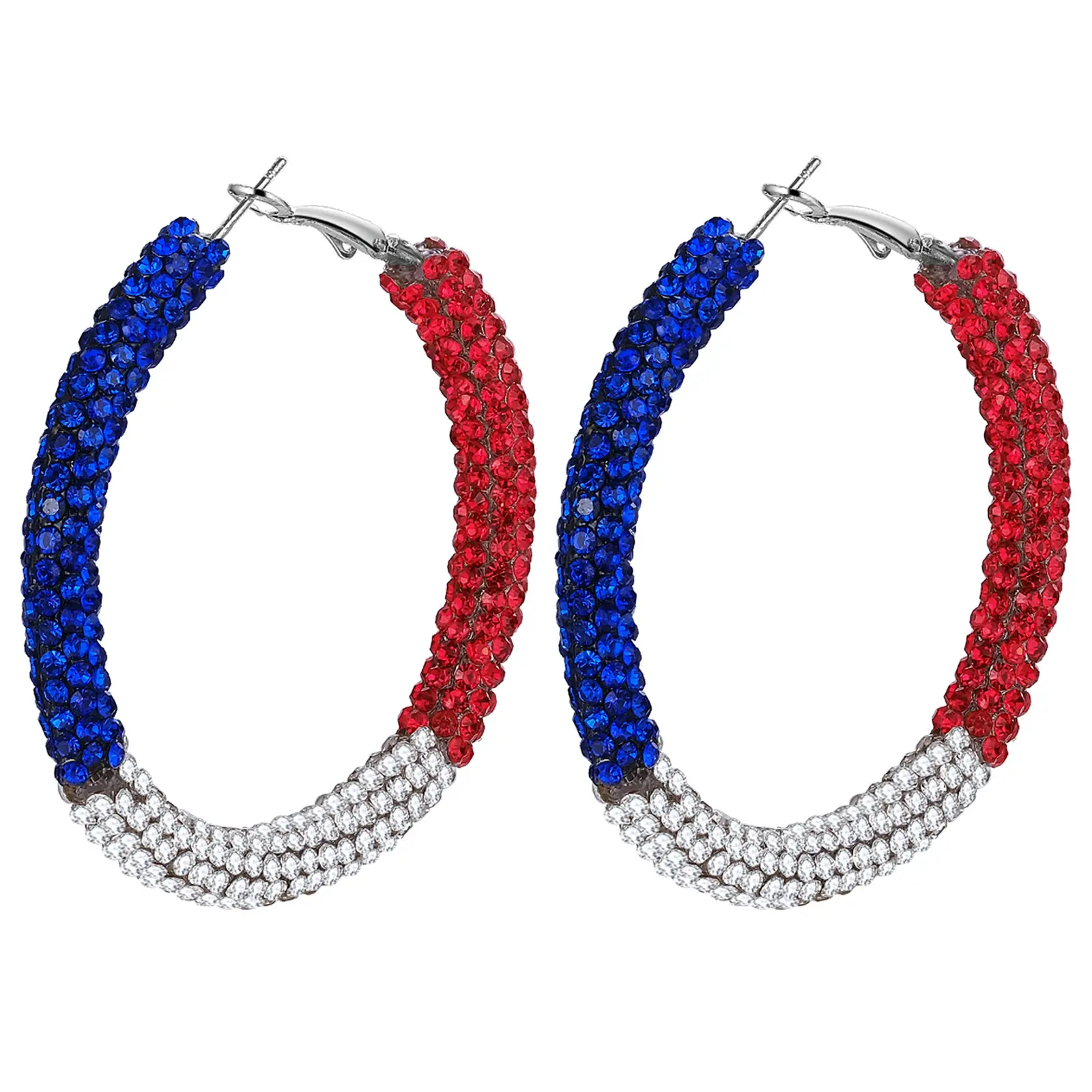 OIDEA Women's American Flag Rounded Hoop Earrings, 55mm Chunky Hypoallergenic Stainless Steel High Quality Earrings, Sparkling Rhinestone Glitter Patriotic Ear Jewelry for Independence Day, Parades