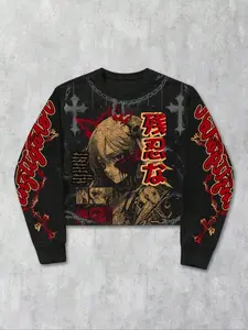 Men's Vintage Graphic Print Fitted Pullover Sweatshirt, Long Sleeve, Trendy Aesthetic Streetwear, Hip Hop Rapper Style, Casual Outdoor Fitness, College Fashion