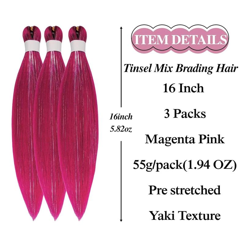 Tinsel Fashion Braiding Hair Pre stretched Magenta Pink Braiding Hair for Glitter Braids Festival Braids