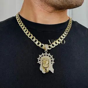 ViOrO 14K Gold Plated 10mm Cuban Link Chain with Zircon Jesus Christ Pendant for Dairy Use. Electro Laminated Premium Jewelry