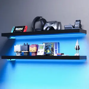Floating Shelves with RGB LED, 31" Wall Mounted Wooden Shelves with Invisible Brackets, Set of 2, Hanging Wall Shelves for Bedroom, Bathroom, Living Room and Kitchen (Black)