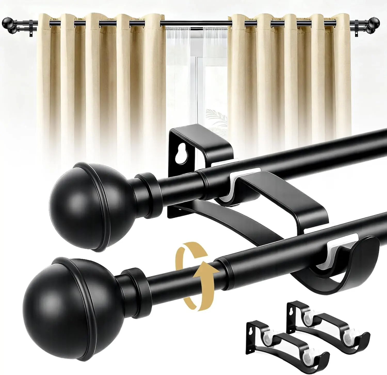 Adjustable Double Curtain Rods for Windows Set 30 to 57 Inch Black Curtains Rod with 2PCS Brackets Small Extra Long 5/8 Diameter Blackout Cortineros Para Ventanas for Bedroom Living Room