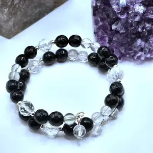 Clear Faceted Quartz 10mm with Faceted Black Agate 8mm & 6mm Clear Quartz Crystal Bracelet on Memory Wire Double Stacked with Dangle Accents