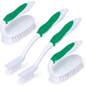 Scrub Brush Set, 4 Pack Deep Cleaning Brush Kit - 2 Scrub Brush, 2 Tile & Grout Brush with Built-in Scraper, Household Commercial Scrubber for Floor, Shower, Pool Wall, Tub (Green)