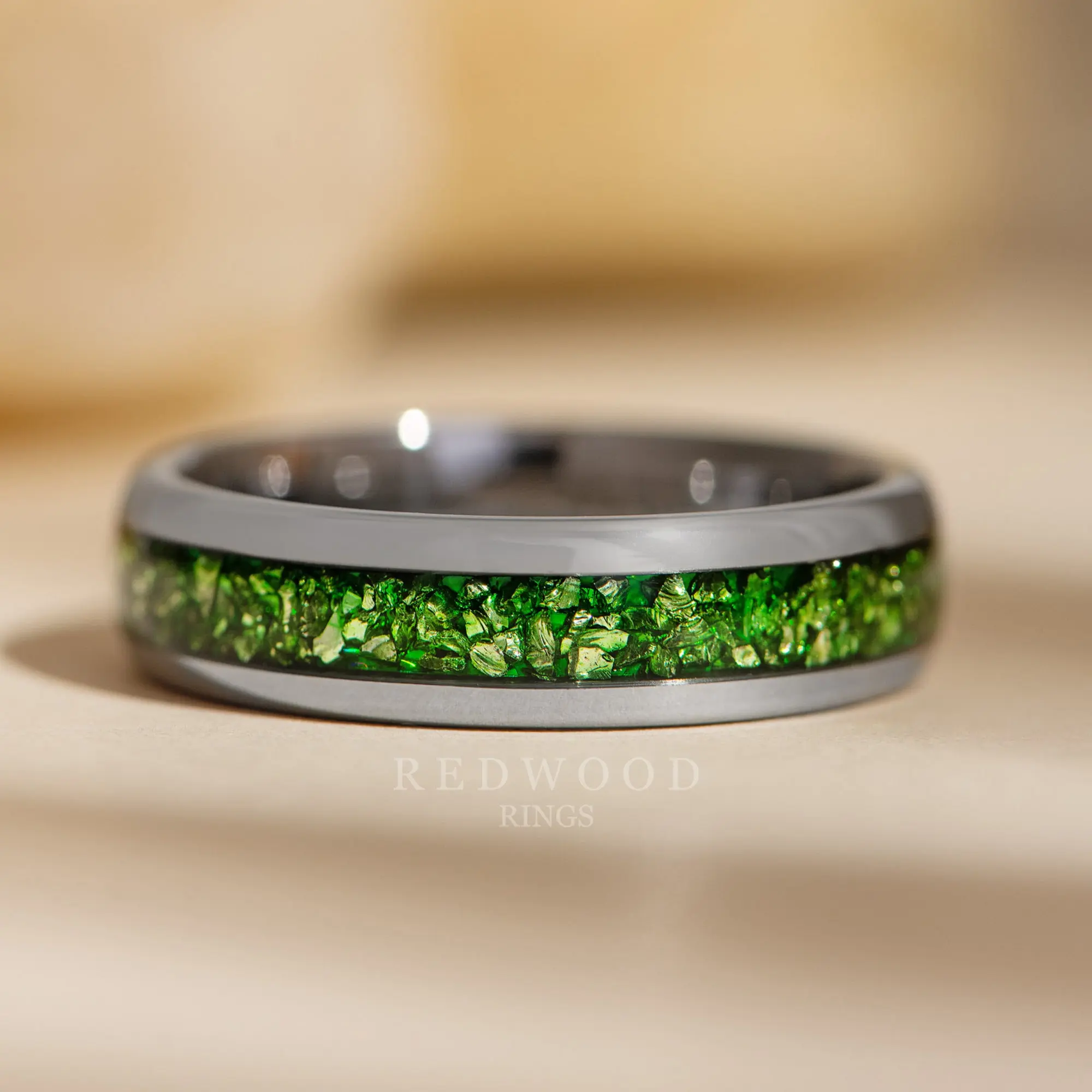 Silver Tungsten Ring with Green Lab-Created Emerald Inlay - 6MM