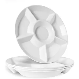 greenandlife 4 Pcs 12.4" Large Divided Serving Trays for Party Supplies, 6 Compartments Round Plastic Platters for Serving Food, Unbreakable Reusable Trays for Snack, Veggie, Fruit, Candy, White