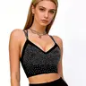 Women's Sparkly Rhinestone Metallic Reflective Crop Tank Top - Lady's Spaghetti Strap, Slim Fit, Sleeveless Bustier with Built-in Pad, Light Breathable Buckleless Smooth All Seasons Basic Fabric, Adjustable Short Everyday Tops (Black, Back to School)