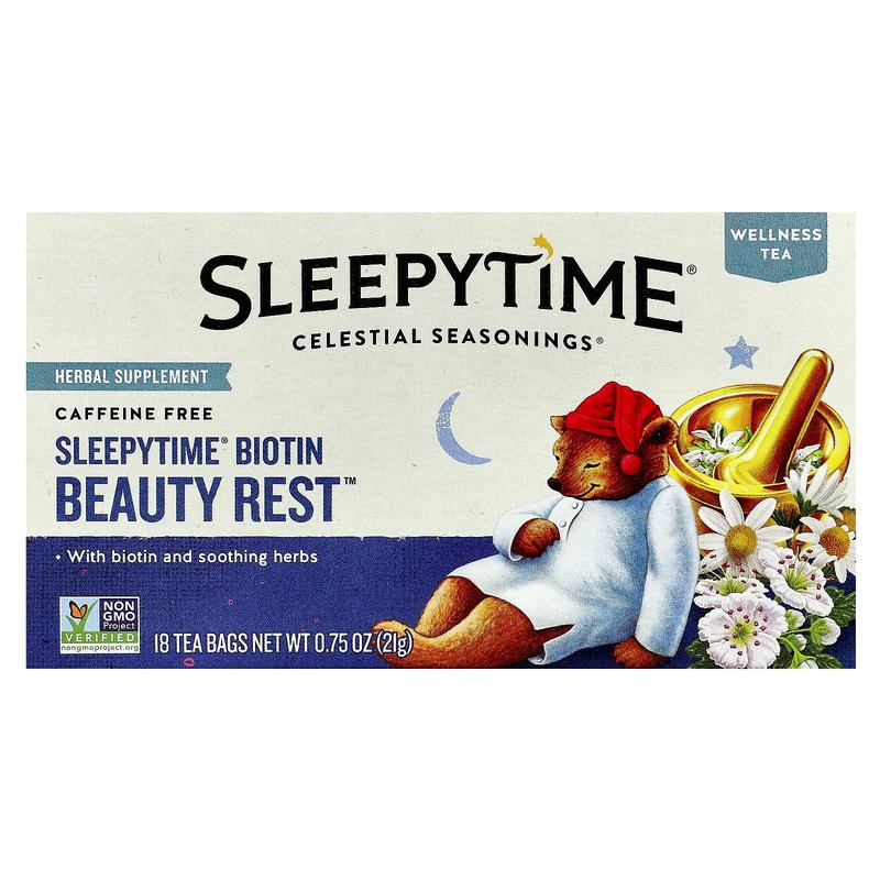 Celestial Seasonings Wellness Tea, Sleepytime® Biotin Beauty Rest™, Caffeine Free, 18 Tea Bags, 0.75 oz (21 g)