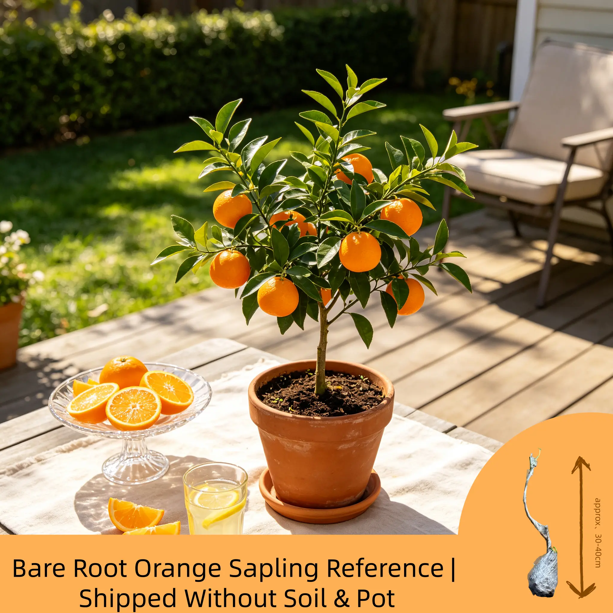 Citrus Sinensis Sweet Orange Live Bare Root Tree Seedling, Edible Fruiting Citrus Plant for Outdoor Landscape Patio Backyard Gardening, Dormant Pruned Orange Tree Sapling