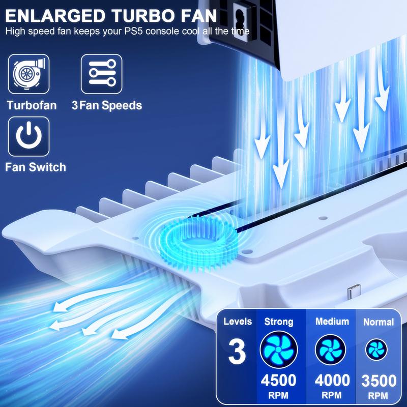 PS5 Stand for PS5 Slim Disc Digital, PS5 Cooling Station and Controller Charging Station for Playstation 5 Accessories with 3 Levels Cooling Fan, 3 USB Hub, Headset Holder, 13 Game Slots, Media Slot