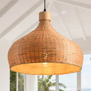 18" Winfred Boho Handwoven Bamboo Pendant Light, Adjustable Farmhouse Ceiling Hanging Lamp for Kitchen Island Dining Living Room