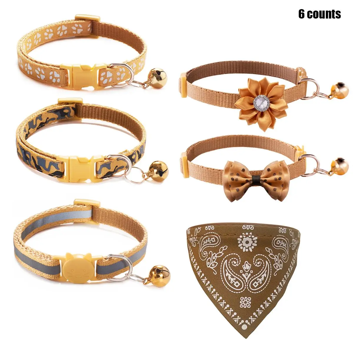 Adjustable Safety Pet Collar with Bell, 6 Counts/set Reflective Soft Nylon Cat Collar with Buckle, Pet Supplies for Outdoor Walking, Pet Products