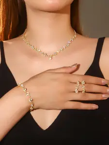 Gorgeous and sparkling bridal wedding jewelry four piece set, fashionable and elegant necklace earring bracelet combination set, perfect gift for ladies, Trendy jewelry set