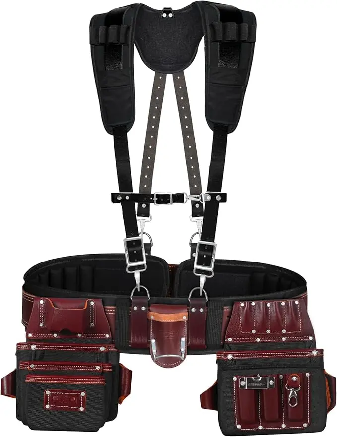 FUERI Tool Belt for Men, Heavy Duty Nylon and Leather 26 Pockets Maroon and Black comes with Comfort Padded Belt,Spacious Pouches,Hammer Holder and Suspender Loops for Carpenter Construction Electrician, Tool Pouch, Leather Tool Pouch