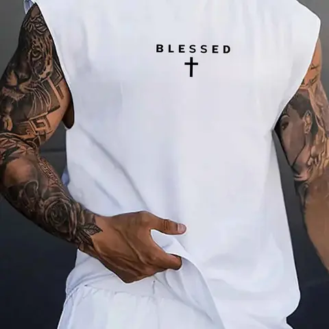 Men's Cross and Letter Graphic Print Round Neck Knit Vest, Summer Breathable Casual Streetwear, Fitted Daily Wear Men's Top, Comfortable Fabric, Casual Comfy Breathable, Casual Breathable Sleeveless, Casual Summer Clothing