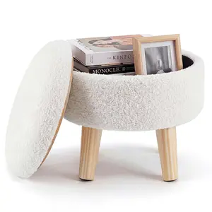 13 Inch Oval Storage Ottoman, Multi-Use Teddy Velvet Stool with Hidden Storage, Small Footrest Seat for Entryway Bedroom Living Room, Wood Legs