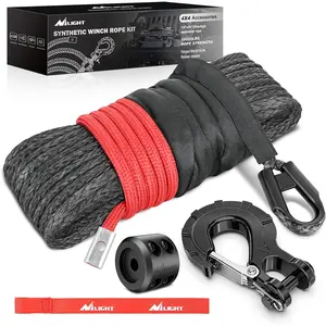 Nilight Winch Rope 1/4 Inch x 50 Feet Synthetic Winch Line Cable Kit for ATV UTV Offroad 10000 lbs Black Winch Line Ropes with Protective Sleeve+ Forged 35000lb Winch Hook+Rubber Stopper+Safety Strap