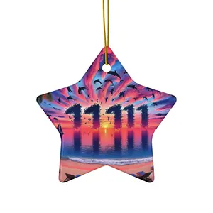 Ceramic Ornament Star, Heart, Snowflake or Circle 1111 "Serenity Sands: A Tropical Sundown Symphony" - Tropical Beach Sunset with Palm Trees, Dolphins, and Sailboats Decor Pack Colorful Hanging Decoration Hangable