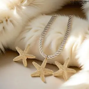 Boho Gold Starfish 3-Pcs Necklace and Earring Set - Fashion Accessories for Beach Party, Anniversary Gift